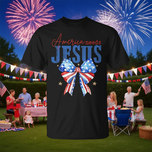 Camiseta retro con la bandera de Estados Unidos, con diseño de la bandera de Estados Unidos y la frase "America Needs Jesus Christian Usa Flag 4th Of July Bow" - Product Image 3