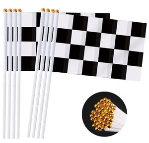 Factory Wholesale Eco-Friendly Digital Printed Checkered Black <b>White</b> Racing Stick Flag <b>Small</b> Mini Hand Held Wooden Flags - Product Image 1