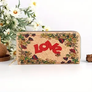 Valentine's Day Mini Long Wallet Ethnic Style Print with Zipper Card slot Cash Coin Ticket Storage Love Cork Wristlet Wallet