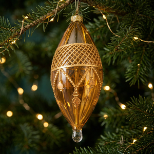 Adorno Navideño Ovalado de Cristal Ámbar Egipcio Hecho a Mano, Diseño Floral Intrincado con Rejilla Dorada, Moderno y Lujoso para Colgar - Product Image 4