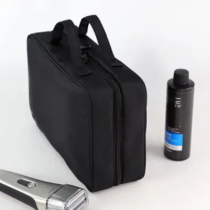 Customized Logo Travel Organizer Pouch Men Handle Large Zipper Portable Water Resistant Black Nylon Toilet Bag