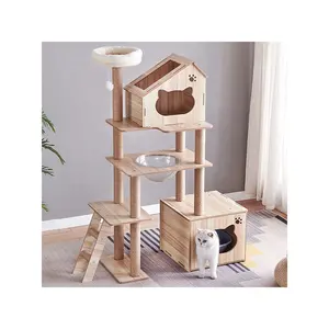 Condomínio de madeira para gatos de tamanho médio, casa de gato com torre, plataforma, poste de sisal com caixa de areia para gatos, árvore luxuosa para gatos