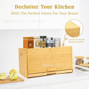 Boîte de rangement pour pain en bambou avec tiroir et planche à découper pour une utilisation sur le plan de travail de la cuisine - Product Image 2
