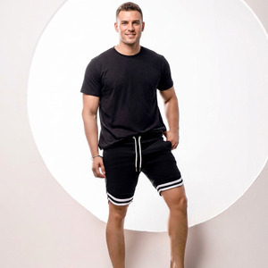 <b>Men's</b> Black Cotton Bermuda <b>Shorts</b> With <b>White</b> Side Stripes Drawstring Waist Casual Jogger <b>Shorts</b> - Product Image 2