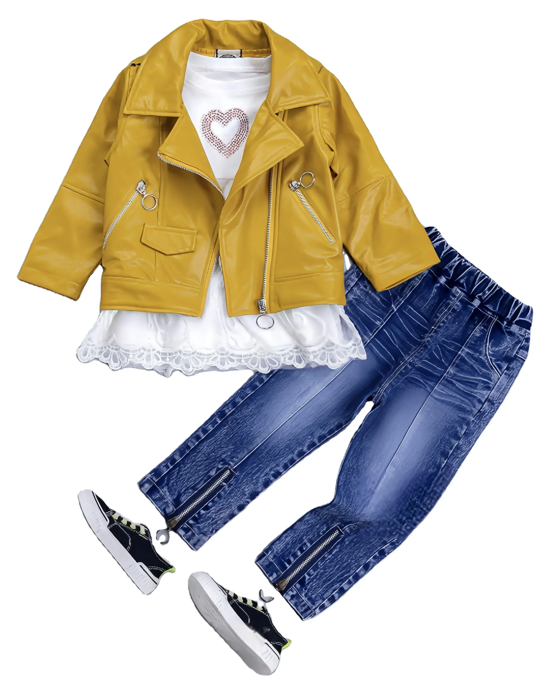 2023 осенний Новый Модный корейский выпуск мотоциклетная кожаная куртка для мальчиков и девочек Комплект из трех предметов джинсов комплект заводских запасов