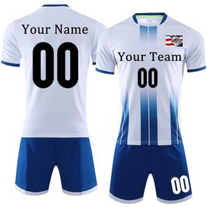 ชุดเสื้อฟุตบอลแบบซับลิเมชั่นสั่งทำพิเศษสำหรับผู้ชาย สีขาว-น้ำเงิน ระบายอากาศได้ดี แขนสั้น พิมพ์ชื่อทีมและหมายเลข สำหรับทุกฤดูกาล - Product Image 1