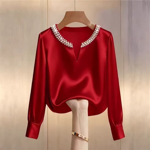 Camisa de manga larga con cuello en V de satén con perlas y cuentas, estilo francés de alta gama, para mujer, Colección Primavera 2026 de Independent <span class=keywords><strong>Site</strong></span> Wish - Product Image 2