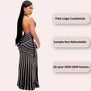 Robes pour femmes sexy en gros, jupe mode pour femmes, robe de soirée dos nu en V profond, robe longue sexy transparente ornée de diamants pour boîte de nuit - Product Image 2