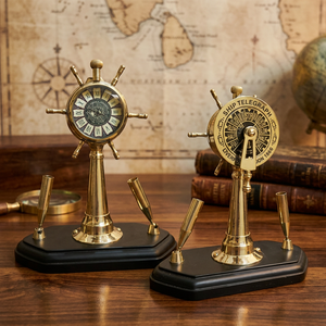 Vintage Brass Ship <b>Wheel</b> Desk Clock Handmade Nautical <b>Table</b> Clock Maritime Decor with Metal Base Battery Operated - Product Image 1