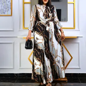 Islamic Clothing Factory Long Sleeve Printed Crimp Bandage Tongle European And American Long Skirt Large Size Dress Wholesale