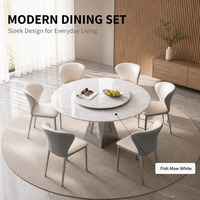 7-delige moderne commerciële eettafelset met kristallen stenen tafel, draaibare dienblad, 6 gestoffeerde stoelen, onderstel van carbonstaal, duurzaam en makkelijk schoon te maken