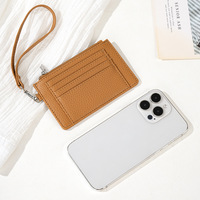 Dompet Kartu Minimalis Kulit PU dengan Tali Lepas Pasang, Kantong Koin Resleting, Dompet Kartu Tipis Wanita, Hadiah