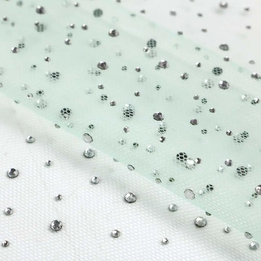 Spring and Summer MInt 100% Polyester Mesh Shiny Diamond stone Lace Fabric for Daily Use Girls' Dresses