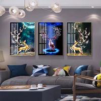 Affiche d'orignal léger de luxe moderne pour chambre, restaurant, hôtel, triple décoration murale, peinture d'animaux en porcelaine en cristal de diamant