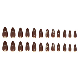 Pegatinas <span class=keywords><strong>de</strong></span> <span class=keywords><strong>Uñas</strong></span> ABS con Diseño <span class=keywords><strong>de</strong></span> Guirnalda Dorada Brillante en Color Marrón Oscuro, 24 Piezas, Desmontables, Tipo Presión, Forma <span class=keywords><strong>de</strong></span> Almendra Francesa, Larga Duración - Product Image 3