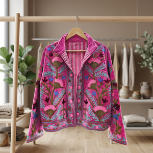 Veste en velours Suzani patchwork avec motif soleil levant fait main, en coton, manteau d'hiver pour femme, style vintage - Product Image 3