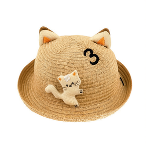 Cappello di paglia per bambini a tema gattino con orecchie da gatto e ricami per l'abbigliamento estivo dei bambini - Product Image 2