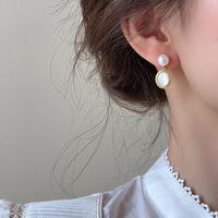 Boucles d'oreilles en perles d'eau douce naturelles de 7 mm, forme géométrique/ellipse, en tungstène serties d'argent S925, style français, luxe léger pour femmes