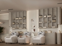 Aménagement intérieur de salon de beauté de luxe sur mesure, étagère murale pour boutique de soins de la peau, mobilier d'exposition pour spa, rénovation de magasin