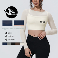 Atasan Yoga Wanita Model Dua Lapis dengan Logo Ballet Core Custom, Lengan Pendek, Panel Mesh, dan Bra Terintegrasi untuk Lari, Fitness, dan Latihan