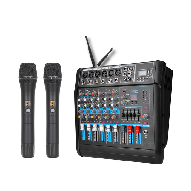Professional Party Mixing Console with Bluetooth USB 2 UHF Wireless Microphones 6-Channel Digital Audio Mixer Built-in Amplifier