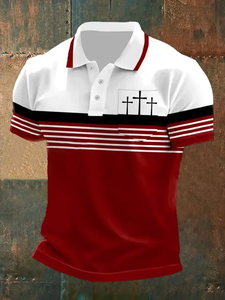 Polo Premium para Hombre, Diseño de Cruces Cristianas, Transpirable, Tela Suave, Bloques de Color, Rayas, Manga Corta, para Golf - Product Image 1