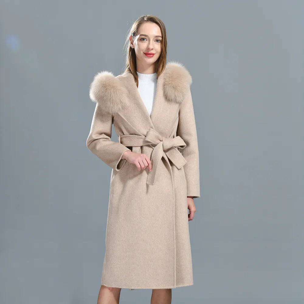 Wholesale Custom Wool Coat Big Real Fox Fur Collar Full Sleeve Long Style Double-Sided Belted Hooded Cashmere Wool Coat Women