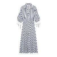 Robe chemise rayée style nautique ZEVITY pour femme, robe midi rayée bleue et blanche avec ceinture, manches bouffantes, boutonnée, robes de bureau pour femme