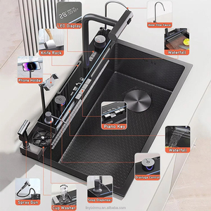 Новые тренды: Большой кухонный смеситель-водопад из нержавеющей стали с цифровым дисплеем, многофункциональный, черный, с держателем для телефона - Product Image 3