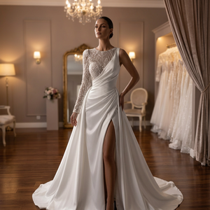 Hand <b>Beaded</b> Sleeveless Bridal Dress Crystal Embroidery Draped Satin <b>Skirt</b> Natural Waistline Floor-Length Sweep Train Plus Size - Product Image 4
