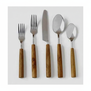 Couverts en bois mat manche rond en acier inoxydable or ensemble de couverts personnalisés couverts en or cuillère fourchette pour la rentrée - Product Image 1