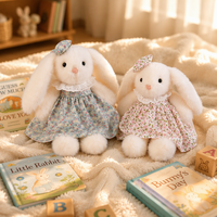 Peluche Lapin en Robe Florale à Longues Oreilles et Col en Dentelle, Super Douce, Anti-Stress, en Coton PP Brodé et Maille, Unisexe
