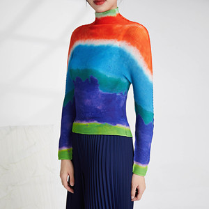 Miyake, ropa de diseñador, camiseta plisada elástica para mujer, tops de mujer de manga larga finos con Cuello medio alto que no se desvanecen - Product Image 5