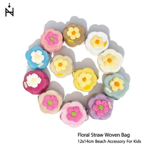 Bolso de paja floral tejido de 12x14cm, accesorio de playa para niños - Product Image 2