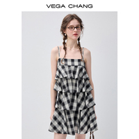 Robe Cami à Volants Superposés à Carreaux Noirs et Blancs VEGA CHANG pour Femmes avec Encolure Carrée et Ourlet à Volants Superposés, Robe d'Été Décontractée