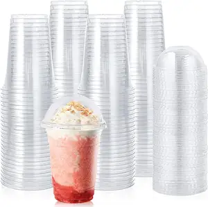 Copos plásticos descartáveis transparentes para festas PET, copos plásticos recicláveis para suco de leite com tampas de cúpula
