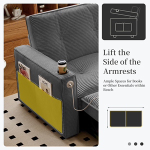 Grey Fabric Sofa <b>Bed</b> <b>Convertible</b> Sleeper Couch With Storage USB Charging Cup Holders for Bedroom Living Room - Product Image 2