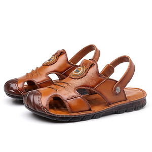 Sandales d'été en cuir pour hommes, double usage, en cuir véritable, fabriquées à la main, avec embout renforcé, antidérapantes, tendance, respirantes, pour la plage - Product Image 1