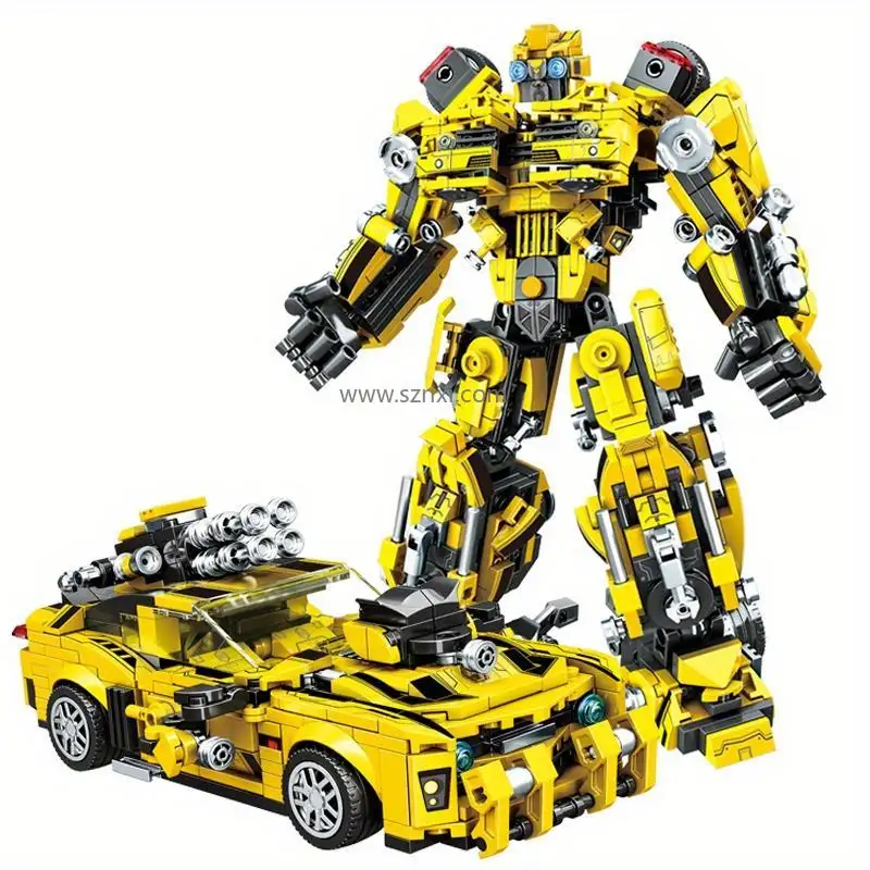 7014 2-en-1 Big Yellow Car Deformation Robot Juguete educativo con pegatinas Regalo Ladrillos pequeños para niños Juegos de bloques de construcción