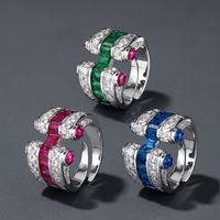 Bagues ouvertes de luxe en cristal CZ taille baguette pour femmes, ajustables, géométriques, émeraude, bleu rubis, bijoux de déclaration