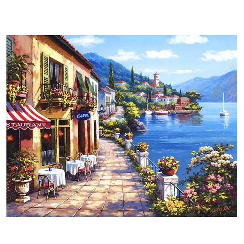 HUACAN Photo To Custom Oil Painting Town Landscape Wall Art HandPainted Unique Gift Painting By Numbers Seaside For Living Room