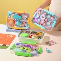 Boîte à lunch en acier inoxydable scellée indépendamment, motif dessin animé UV (4 compartiments, 900 ml + bol en PP de 150 ml avec fourchette et cuillère en PP)