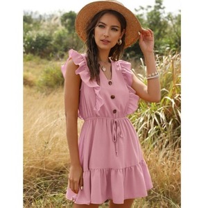 Robe d'été pour femmes en satin uni, longueur genoux, décontractée, bohème, plage, volants, sexy, col en V, sans manches - Product Image 4