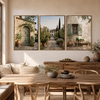Ensemble de 3 tableaux muraux européens représentant des cours d'oliviers, des impressions de villas italiennes, des paysages de palmiers d'olivier méditerranéens, peintures sur toile encadrées