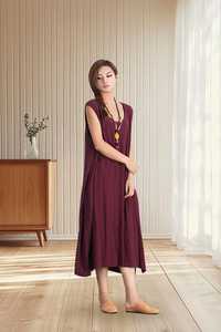 Vestido de Tirantes de Algodón y Lino Hecho a Mano para Mujer, Manga Corta, Largo Maxi, Cintura Natural, Casual, Verano, Cuello en V, Corte A - Product Image 2