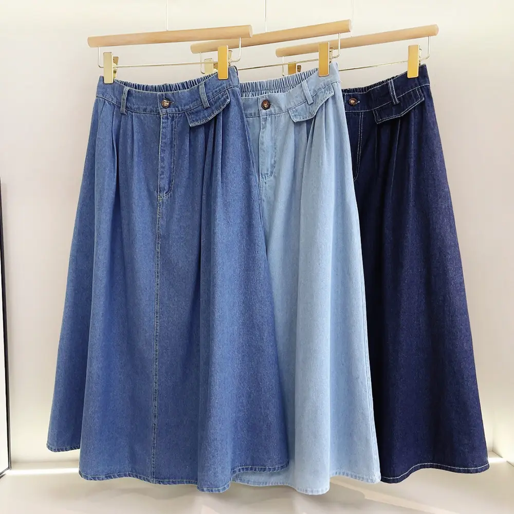 Spring/Summer High Waisted A-Line Umbrella Skirt Vintage Casual Denim Cotton Skirt