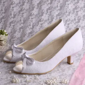 Low Heel White Lace Wedding Shoes for Bride Large Size 42