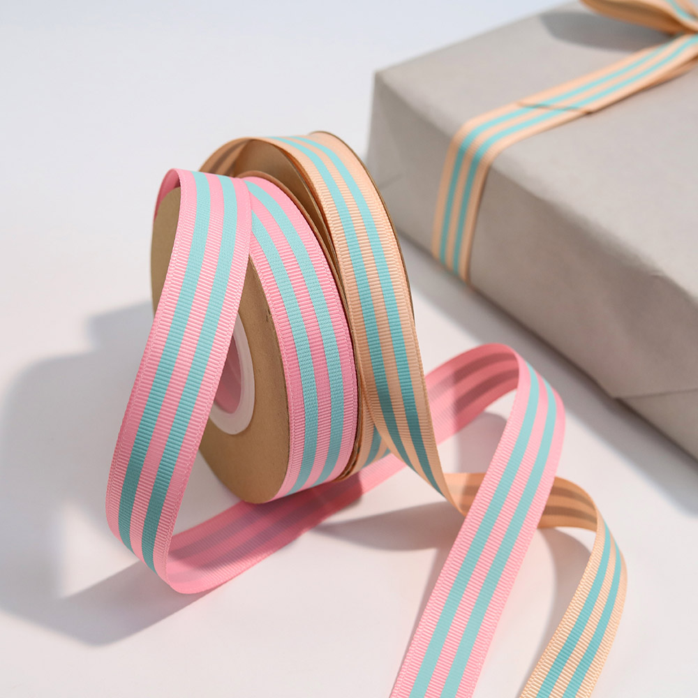 Factory Custom Polyester Striped Printing Grosgrain Ribbon Gift Box Packing Striped Cotton Ribbon