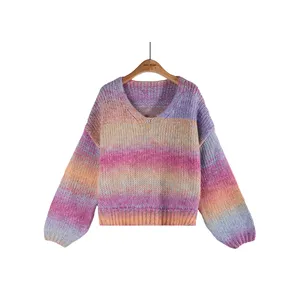 2023 Factory Wholesale Custom Spring Fashion Cozy Knit Long Sleeve V Neck Stripe Pullover Rainbow Colour Change Women Sweater