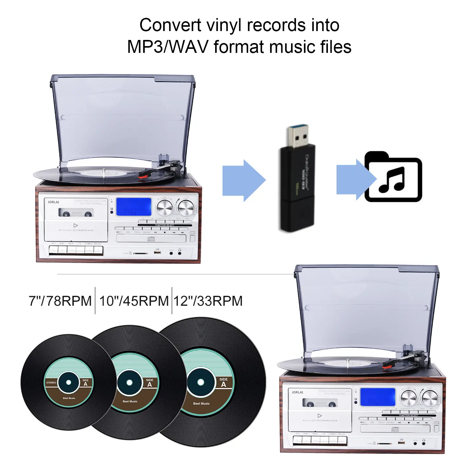 3 hız turntable oyuncu USB SD kayıt FM radyo AUX girişi